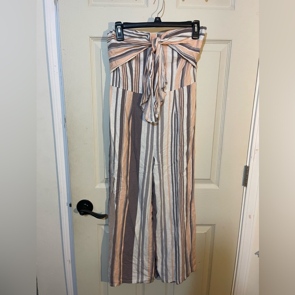 Strapless, pink white and gray striped pant romper
